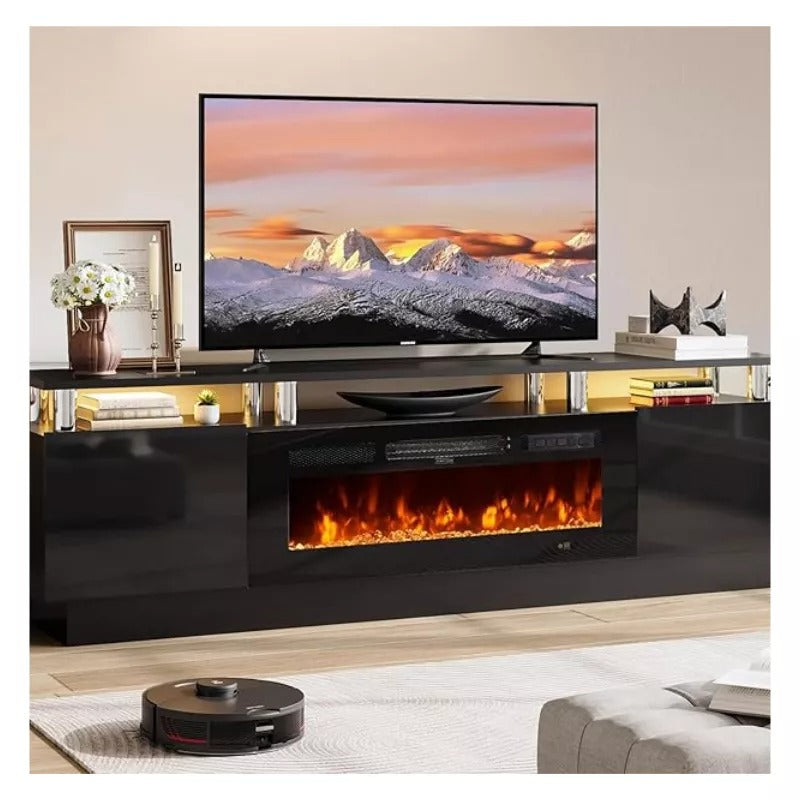 70" TV Stand for Living Room, Modern Entertainment Center & Media Console, Fits TVs up to 80", Storage Cabinet with Shelves, 36" Electric Fireplace with LED Flame (All Black)