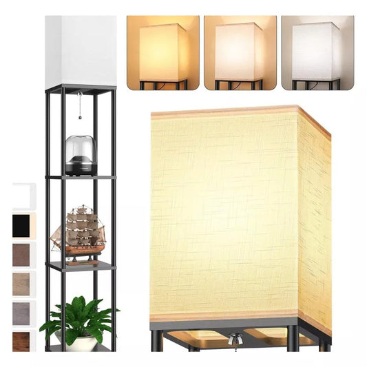 Floor Lamp with Shelves for Living Room Natural Wood, Shelf Floor Lamp with 3 CCT LED Bulb, Corner Display Standing Column Lamp Etagere Organizer Tower Nightstand with White Linen Shade for Bedroom