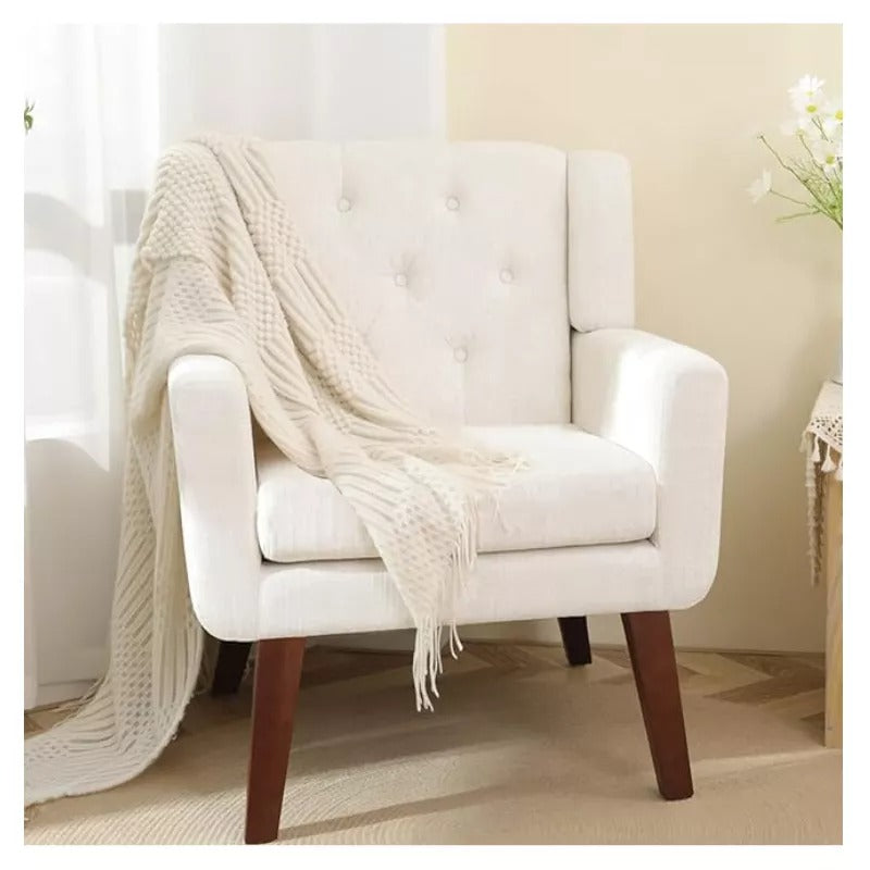 Living&Giving Accent Chair Button-Tufted Upholstered Living Room Chairs Comfy Reading Mid Century Modern with Linen Fabric Lounge Arm for Bedroom (Beige) 29.33D x 28.94W x 34.65H Inch