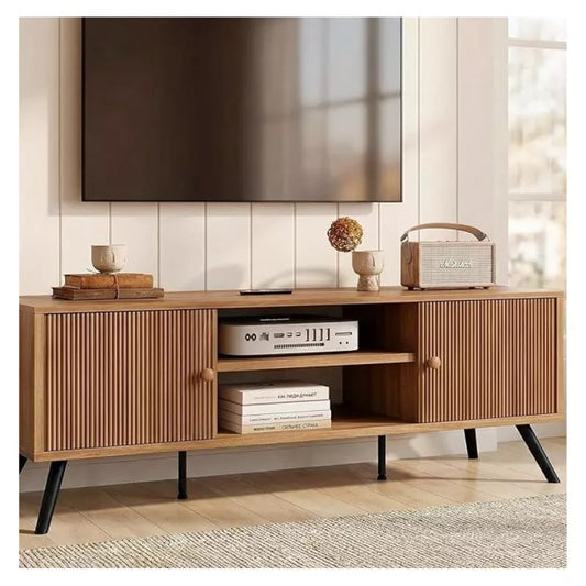 COMHOMA TV Stand for Living Room, Mid Century Modern Entertainment Center for 55/60/65 Inch TVs, Retro Brown TV Console with Fluted Door Cabinets and Open Adjustable Shelve Storage for Bedroom (53In)